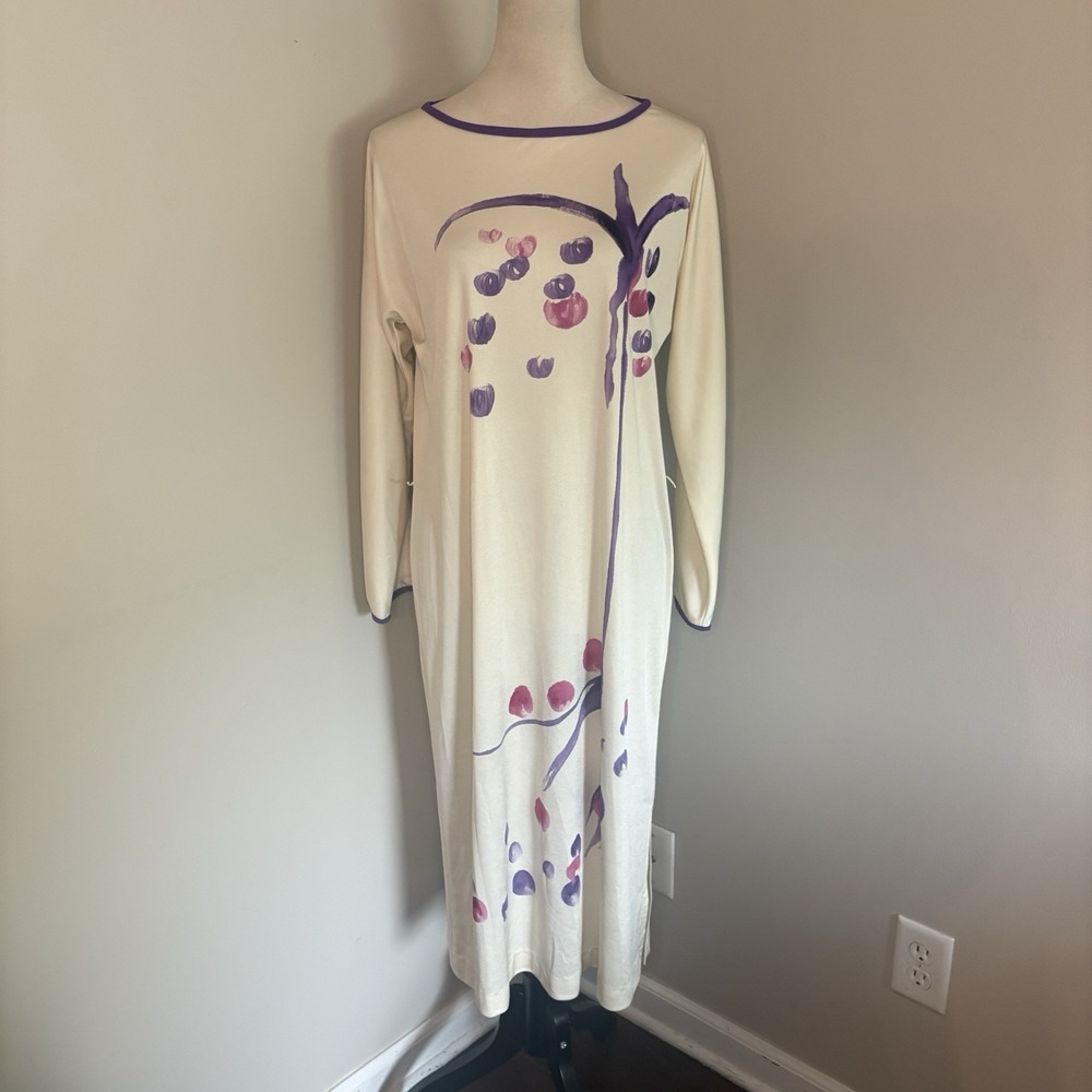 VTG 70s Jonathan Logan Graphic Floral Maxi Dress Lounge Hostess Cream Purple M